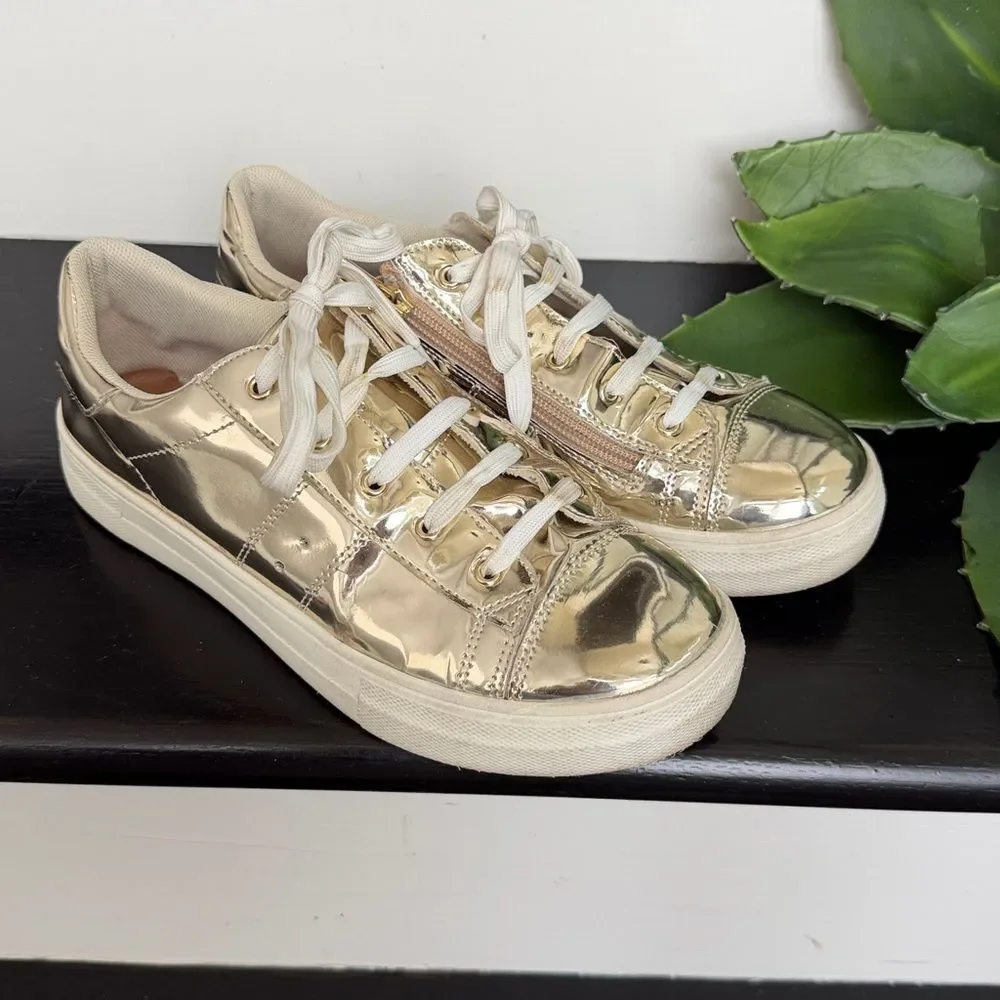 Kidpik Gold Metallic Sneakers Youth 6 Fits Women’s 7.5 Lace Up Side Zip